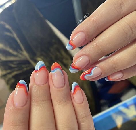 Cute 4th Of July Nails Almond Shape, Colour Block Nails, Bahama Nails, Vibrant Nail Designs, Edgy Nails, Simple Gel Nails, Summery Nails, Casual Nails, Simple Acrylic Nails