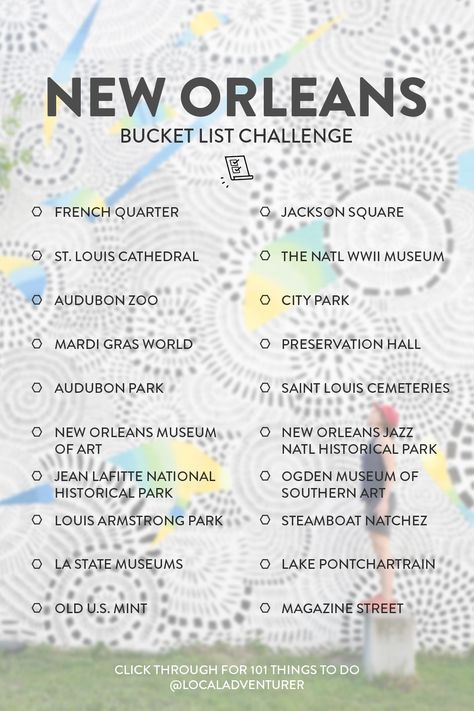 New Orleans Bucket List Checklist Bucket List New Orleans, Louisiana Bucket List, 50 States Travel Checklist, Us Bucket List Travel, New Orleans Bucket List, New Orleans Things To Do In, New Orleans Travel Guide, New Orleans Vacation, Usa Bucket List