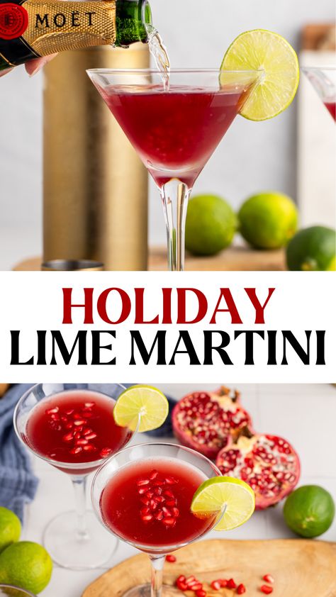 A Pomegranate Lime Martini is a festive cocktail full of fresh pomegranate juice, bubbly champagne, and more. Make this party cocktail this holiday season to celebrate Thanksgiving, Christmas, and New Year’s Eve or any occasion! Cherry Pomegranate Cocktail, Pomegranate Cocktails Recipes, Pomegranate Martini Recipe, Fresh Pomegranate Juice, Pomegranate Cocktail Recipes, Lime Martini, Pomegranate Cocktail, Cocktails For Christmas, Pomegranate Cocktails