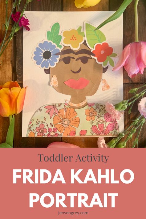 Toddler Activity: Frida Kahlo Portrait | Grey Skies & Rainbow Highs Frida Kahlo Art Projects For Preschool, Montessori Art Activities, Red Scrapbook Paper, Glue Activities, Womens Day Theme, Frida Portrait, Floral Scrapbook Paper, Weekly Themes, Frida Kahlo Portraits