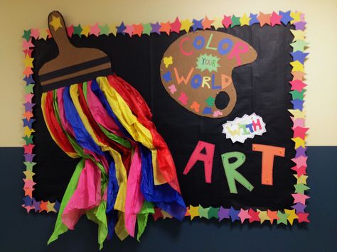 My welcome board #artteacher #bulletinboards-- "paint" for paintbrush made with tissue paper Bulletin Boards Hallway, Craft Market, Welcome Board, Welcome Back To School, Board Decoration, Art Painting Gallery, Class Decoration, Tableau Art, Art N Craft