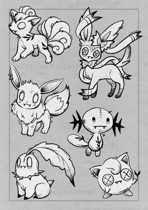 #Pokémon #Tattoo #Tattooideas #Pokémontattoo #Halloweentattoo #smalltattoo #cutetattoo #halloweenvibes #spookytattoo #eevee #eeveetattoo #evoli #evolitattoo Creepy Cute Flash Tattoo, Creepy Pokemon Tattoo, Cute Eevee Tattoo, Unique Pokemon Tattoo, Stipple Tattoo Flash, Pokémon Flash Tattoo, Video Game Flash Tattoo, Pokemon Halloween Tattoo, Spooky Pokemon Tattoo