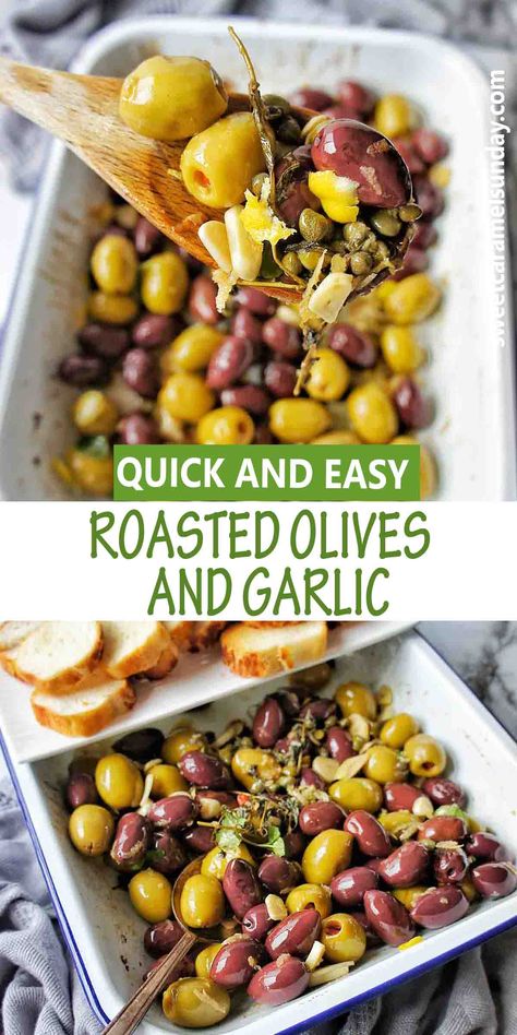 Kalamata Olive Appetizer, Roasted Olives Appetizer, Olive Recipes Appetizers, Baked Olives, Olive Appetizer, Roasted Olives, Entertaining Appetizers, Lenten Recipes, Garlic Recipe