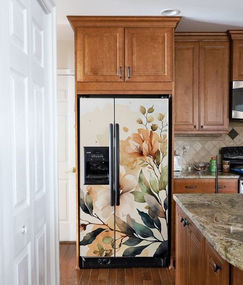 Flower Kitchen Decor, Refrigerator Wrap, Fridge Wrap, Fridge Decals, Refrigerator Wraps, Flower Kitchen, Door Wraps, Kitchen Remodel Design, Door Murals