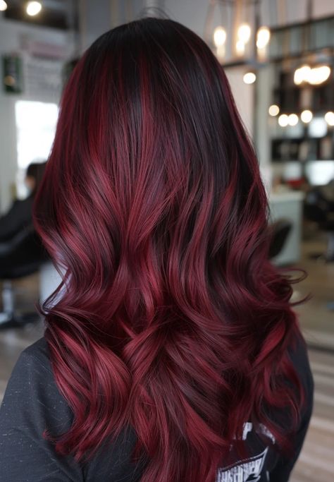 Red Cherry Highlights On Black Hair, Red Balayage Dark Hair, Dark Red With Light Red Highlights, Black Hair With Cherry Highlights, Burgundy Hair Medium Length, Cherry Red Black Hair, Cherry Red Balayage Hair, Dark Cherry Coke Hair Color, Cherry Red Balayage