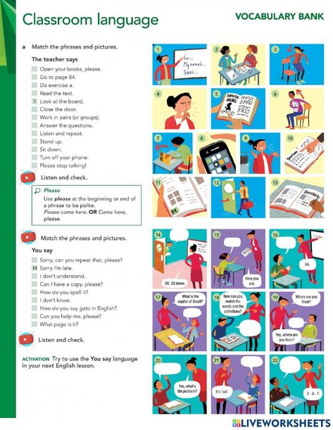 Classroom Language Worksheet, Classroom Phrases, Classroom Vocabulary, Freetime Activities, Esl Classroom, English Language Learning Grammar, Language Worksheets, The Worksheet, Teacher Planning