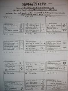 FACEing math activity - fun for equation review - could also work with inequalities - and is this a solution type problems. Faceing Math, Teaching Equations, Teaching Scale Factor, Algebra Introduction Activities, Multi Step Equations Activities, Junior High Math, Solving Quadratic Equations By Factoring, First Days Of School, Math Olympiad Problems