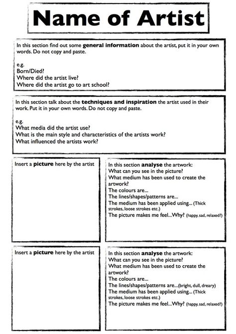 Artist Research Homework Sheet (Made by Miss Allen) Worksheets For High School, Artist Research, Art Worksheets, Art History, High School, History, Art