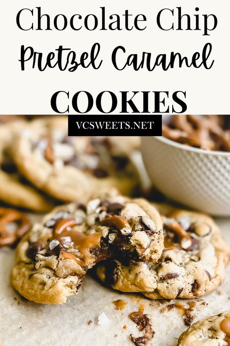 These Easy Pretzel Caramel Cookies are a fun twist on the traditional chocolate chip cookie!! They are loaded with salty, crunchy pretzels, luscious chocolate chips, stuffed and topped with gooey soft caramel, and finished off with a light sprinkle of flaky sea salt. Soft and chewy with buttery rich crisp edges and melt in your mouth chewy centers, they are the perfect blend of sweet and salty down to the last bite!! Carmel Pretzel Chocolate Chip Cookie, Chocolate Caramel Pretzel Cookies, Cookies Made With Pretzels, Recipes Using Crushed Pretzels, Werthers Caramel Cookies, Carmel Chocolate Pretzels, Sea Salt Caramel Cookies, Pretzel Cookies Recipe, Carmel Chocolate Chip Cookies