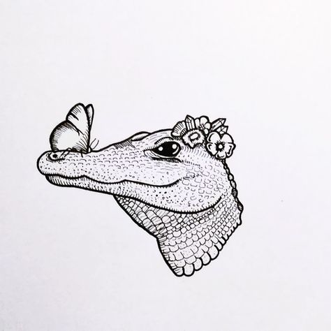 Cute Alligator with a butterfly on its nose and a crown of flowers and crystals. Croc Tattoo, Crocodile Tattoos, Blackwork Tattoo Design, Alligator Tattoo, Crocodile Tattoo, Cute Alligator, Crown Of Flowers, Flowers And Crystals, Wing Tattoo