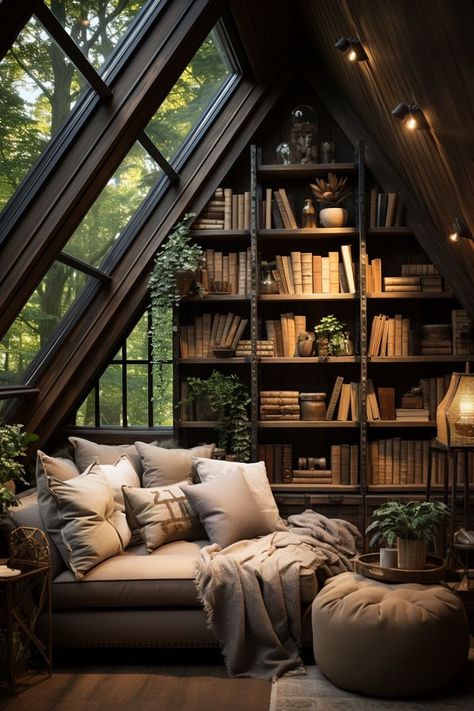 Library Room High Ceiling, Cottage Core Home Library, Two Story Library Room, Dream Home Library Cozy, Cozy Library Nook, Cozy Bookworm Bedroom, Library Loft Ideas, Old House Library, Home Library Bedroom