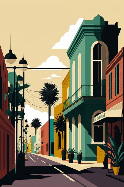 [𝑺𝒂𝒗𝒆 & 𝑭𝒐𝒍𝒍𝒐𝒘]~♡´･ᴗ･`♡ New Orleans Print, New Orleans Color Palette, New Orleans Drawing, New Orleans Illustration, Simple Illustration Design, Duotone Illustration, Simple Illustration Art, Landscape Illustration Art, Simple Digital Art