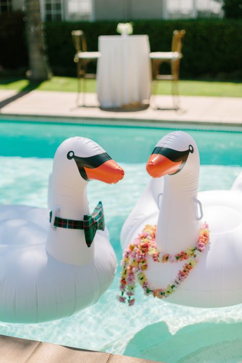 mr. and mrs. pool swans wedding decor | Photography: Anna Wu Photography Backyard Wedding Pool Decor, Couples Wedding Shower Pool Party, Pool Party Bridal Shower Ideas, Bachella Party, Backyard Wedding Pool, Wedding Pool Party Decorations, Pool Wedding Decorations, Backyard Engagement Parties, Engagement Party Themes