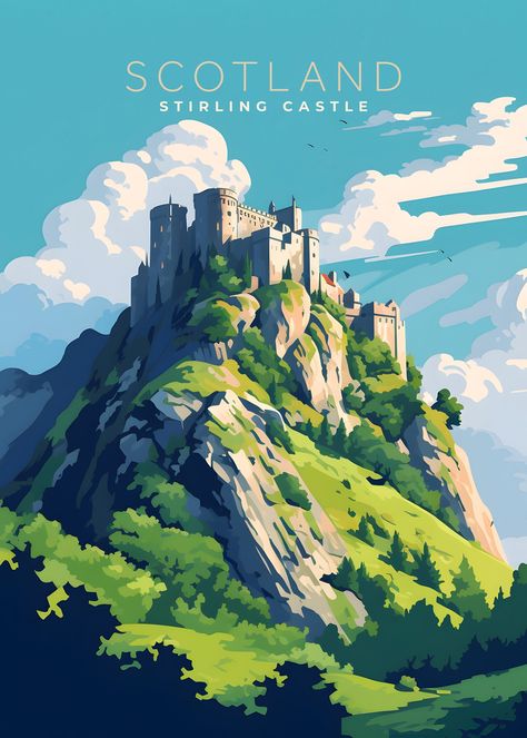 Scotland Illustration, Stirling Castle Scotland, Poster For Wall Decor, Scotland Poster, Poster For Wall, Scotland Art, Stirling Castle, Travel Collage, Castle Scotland