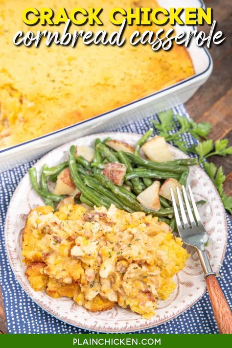 Crack Chicken Cornbread Casserole Recipe - an easy weeknight meal the whole family will enjoy! Chicken, cream of chicken, sour cream, milk, ranch seasoning, bacon, cheddar cheese, Jiffy mix, egg, creamed corn, and butter. Comfort food at its best! One bite and this casserole is sure to earn a spot in your dinner rotation. Chicken Cornbread Casserole, Plain Chicken Recipe, Cornbread Casserole Recipe, Chicken Cornbread, Slow Cooker Casserole, Brussel Sprout Recipes Roasted, Cornbread Casserole, Plain Chicken, Green Bean Recipes