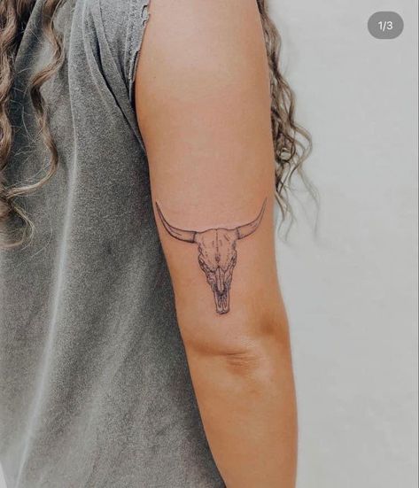 Cow Skull Tattoo Back Of Arm, One Line Bull Skull Tattoo, Bull Skull Tattoo Back Of Arm, Longhorn Tattoo Back Of Arm, Long Horn Tattoo Outline, Small Cow Skull Tattoo For Women, Longhorn Tattoos For Women, Bull Horn Tattoo Women, Cattle Tattoos For Women