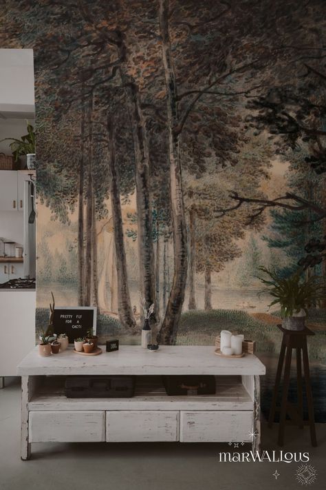 Misty Forest Wall Mural, Repositionable, Tree Wallpaper, Painting, Large Print, Peel and Stick, Autumn Decor, Rural 23 - Etsy Misty Forest Wallpaper, Wallpaper Painting, Forest Wall Mural, Beautiful Snakes, Forest Wall, Misty Forest, Forest Wallpaper, Tree Wallpaper, Smooth Walls