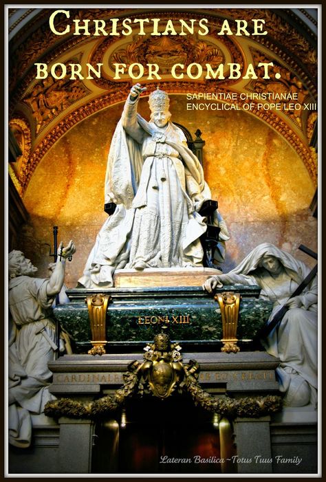 “Christians are,” Leo continues, “born for combat.” It is part of their nature to follow Christ by espousing unpopular ideas and by defending the truth at great cost to themselves. One of their main duties is “professing openly and unflinchingly the Catholic doctrine”; a second is “propagating it to the utmost of their power.” St Leo The Great, Christian Saints, Quote Photography, Catholic Theology, Pope Leo Xiii, Attila The Hun, Christian Soldiers, Catholic Doctrine, Pope Leo