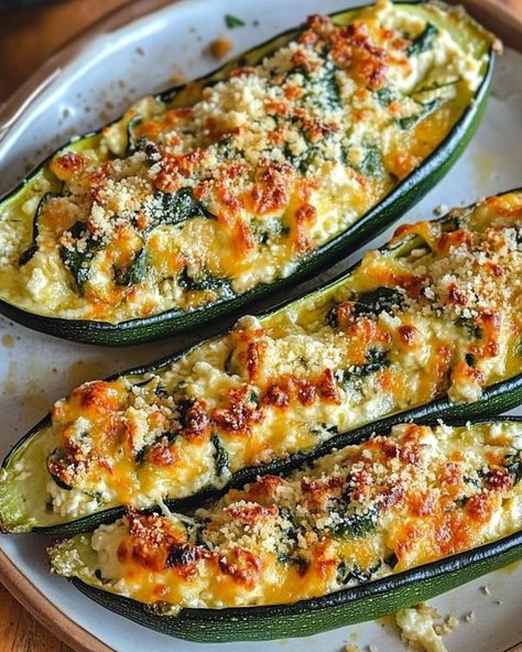 Crisp Recipes | Stuffed Zucchini Boats with Ricotta and Spinach | Facebook Crisp Recipes, Ricotta Spinach, Zucchini Boat Recipes, Stuffed Zucchini Boats, Stuffed Zucchini, Zucchini Boats, Diet Ideas, Chopped Spinach, Crisp Recipe