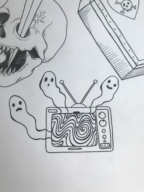 Easy And Creepy Drawings, Ghost In The Machine Tattoo, Creepy Fine Line Tattoo, Spooky Art References, Spooky Drawings Ideas, Horrorcore Tattoo, Ghost Adventures Tattoo, Spooky Ink Drawing, Mini Drawings Halloween