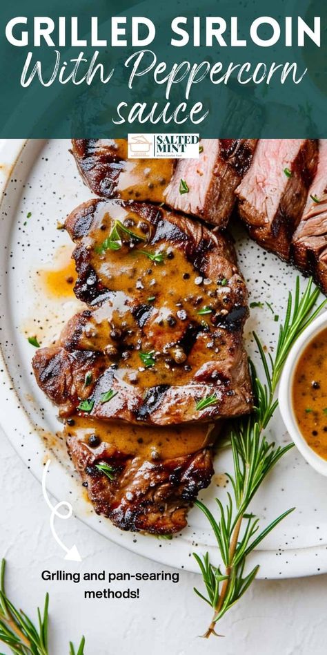 Get ready for a fantastic at-home date night with our easy sirloin grilled steak recipe. It's a game-changer for your dinner plans, topped with a homemade creamy whiskey peppercorn sauce. This recipe is all about making great steak simple and delicious. Perfect for anyone looking for tasty dinner ideas that are easy to pull off but feel really special. Dive into our world of great steak recipes and make your next meal one to remember with my sirloin and peppercorn sauce! Peppercorn Sauce For Steak, Grilled Sirloin Steak, Grilled Steak Recipe, Tasty Dinner Ideas, Peppercorn Steak, Whisky Sauce, Grilled Sirloin, Steak Sauce Recipes, Sirloin Steak Recipes