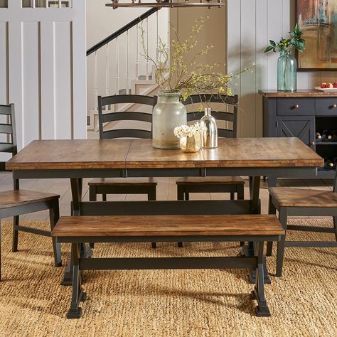 A-America Stone Creek 6-Piece Dining Set in Chicory and Slate Black | Nebraska Furniture Mart Stone Creek, Lake Furniture, Dining Set With Bench, Ladder Back Chairs, Trestle Dining Tables, Trestle Table, Farmhouse Dining Table, Solid Wood Table, Black Table