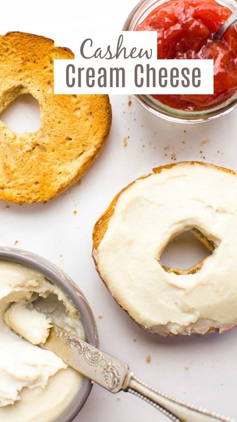 Cashew cream cheese is the perfect homemade dairy-free alternative. It's tangy, creamy and spreadable. Whips up in about 5 minutes and lasts all week in the fridge. Slather this vegan cream cheese on bagels or toast for an easy grab-n-go breakfast. #veganbreakfast #cashewcreamcheese #veganrecipes #dairyfree via @WYGYP Cashew Cream Cheese Recipe, Vegan Cream Cheese Recipe, Cashew Cream Cheese, Cashew Recipes, Cheese Vegan, Dairy Free Cream Cheese, Vegan Cheese Recipes, Dairy Free Alternatives, Vegan Cream