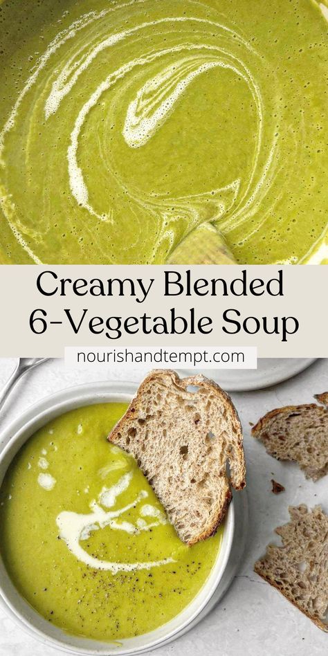 A green blended soup in a bowl and pot topped with a swirl of cream and with a slice of bread dunked in the bowl. Everything Soup Recipe, Veggie Soup Blended, Low Calorie Veggie Soup, Vegetable Blended Soup, Savory Pureed Food, Easy Fall Soup Recipes Vegetarian, Low Cal Vegetable Soup, Delicious Vegetable Soup, Soup Recipes Smooth