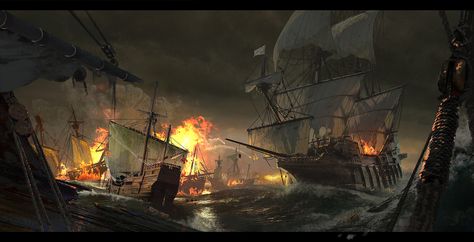 Pirate Battle, Naval Battle, Sea Battle, Pirate Ships, Old Sailing Ships, My Fantasy World, Game Environment, Fantasy Battle, Keys Art