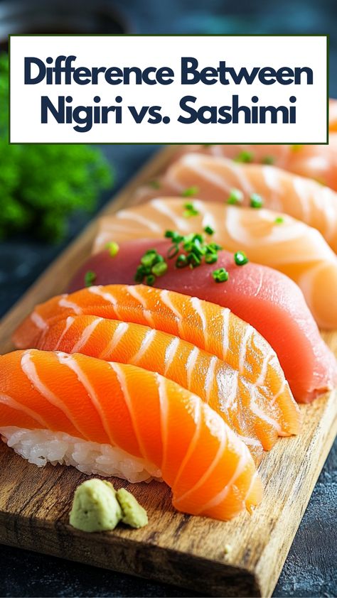 An image displaying fresh nigiri and sashimi on a wooden serving board, highlighting the distinct differences between these two Japanese dishes. Sushi Guide, Sashimi Recipe, Sashimi Platter, Sushi Ingredients, Sashimi Sushi, Sushi Sushi, Nigiri Sushi, Raw Fish, Videos Cooking