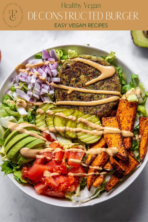 This vegan Deconstructed Burger Bowl is a salad made up of a veggie burger, lettuce, tomatoes, pickles, avocado, red onion, sweet potato, and a creamy chipotle sauce. Veggie Burger Salad, Deconstructed Burger, Deconstructed Food, Burger In A Bowl, Vegan Bowl Recipes, Burger Bowl, Burger Salad, Easy Vegan Lunch, Healthy Burger