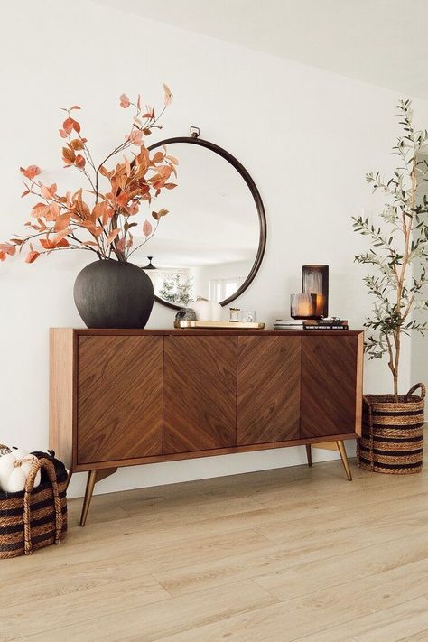 Entry Credenza Decor, Decorate Sideboard In Living Room, Entryway Cabinet Decor, Styling Credenza, Entryway Cabinet Ideas, Entryway Decor Modern Luxury, Side Board Decor, Entryway Credenza, Entryway Sideboard