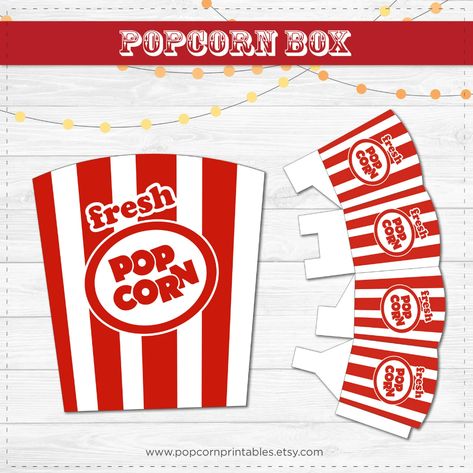 Popcorn Box Printable Instant Download PDF Carnival Popcorn | Etsy Carnival Popcorn, Popcorn Business, Popcorn Box Printable, Popcorn Crafts, Retro Popcorn, Popcorn Bag, Food Miniatures, Box Printable, Red White Stripes