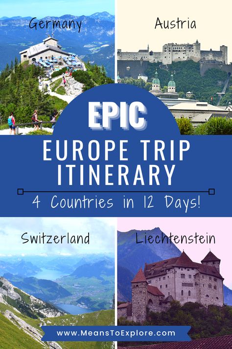 Plan an epic adventure to central Europe with this done for you Europe trip itinerary! See Germany, Austria, Switzerland, & Liechtenstein all in one trip! This itinerary is packed with castles and fortresses, mountains and lakes, & tons of historical sites, a little something for everyone! Make your bucket list trip to Europe unforgettable with this 4 countries in 12 days itinerary! Epic Europe Trip, Austria Switzerland Germany Itinerary, Germany And Austria Itinerary, Euro Trip Itinerary, European Itinerary, Sabbatical Ideas, 40 Anniversary, Road Trip Uk, Switzerland Trip