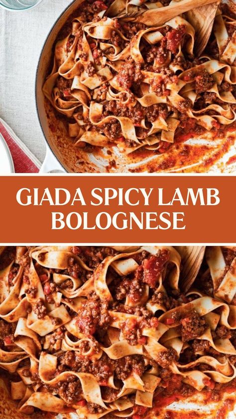 Giada Spicy Lamb Bolognese Ground Lamb And Pasta Recipes, Lamb Bolognese Recipes, Ground Lamb Pasta Recipes, Ground Lamb Pasta, Lamb Bolognese, Giada Pasta, Courtney Williams, Ground Lamb Recipes, Lamb Pasta