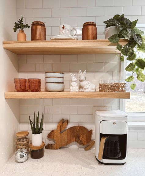 Boho Coffee Bar Ideas, Coffee Bar Built In, Boho Coffee Bar, Spring Coffee Bar, Target Easter, Plants Wall Decor, Kitchen Shelf Styling, Wood Bunny, Boho Kitchen Decor