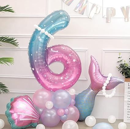 Number Balloon Bouquet, Teal Party Decorations, Mermaid Number, Giant Number Balloons, 6th Birthday Girls, Birthday Under The Sea, Teal Party, Mermaid Birthday Decorations, Mermaid Balloons