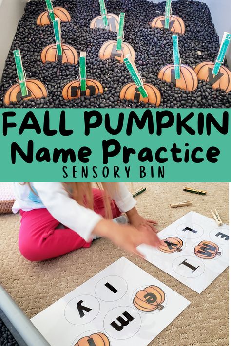 I love including name practice in our themed learning! This Pumpkin Name Practice Sensory Bin helps with name recognition, letter matching, and motor skills. It’s the perfect activity for fall! Fine Motor Activities For Preschoolers Fall, Fall Name Recognition Activities, Fall Preschool Name Activities, Pumpkin Sensory Table, Pumpkin Letter Activities, Pumpkin Fine Motor Activities Preschool, Fall Name Activities, Fall Name Crafts Preschool, Pumpkin Name Craft