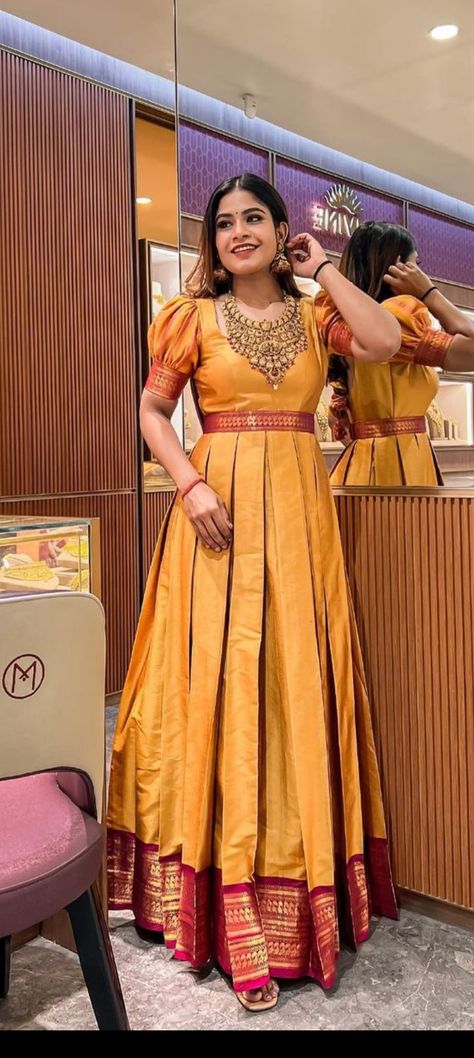 Grown Neck Design, Long Frock Designs From Saree, Pattu Pavadai For Women, Long Gown Designs Indian Traditional, Paithani Gown Designs, Paithani Dress Pattern, Long Traditional Gowns Indian, Paithani Dress Designs, Long Gown Dress From Saree