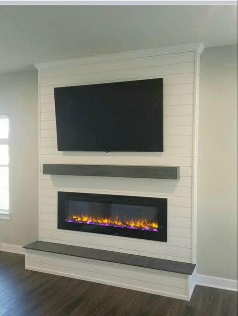 Fireplace With Big Tv Above, 50 Inch Electric Fireplace Ideas, Fireplace Wall With Mantle, Shiplap Electric Fireplace Wall With Tv, Fireplace Buildout, Shiplap Wall Fireplace With Tv, Electric Fireplace Built In, Shiplap Tv Wall, Electric Fireplace Ideas With Tv