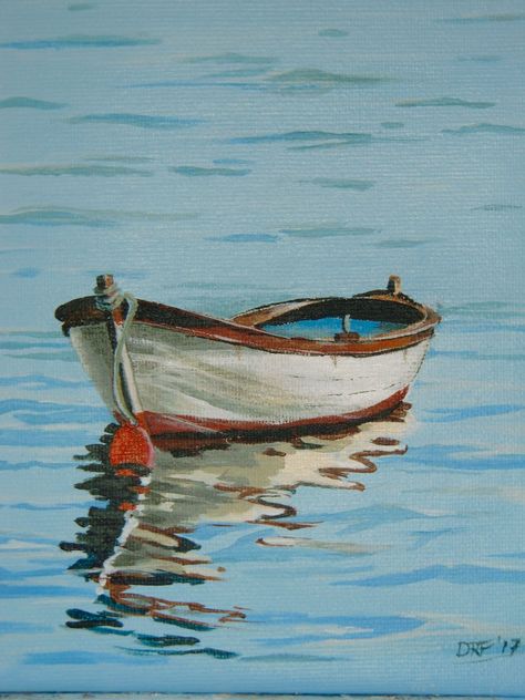 Painting Of Boats On Water, Boats On Water Painting, Art Boats Painting, Painting A Boat, Watercolor Boats Paintings, Water Reflections Art, Boat In Water Painting, Boat On Water Drawing, Reflection Painting Ideas