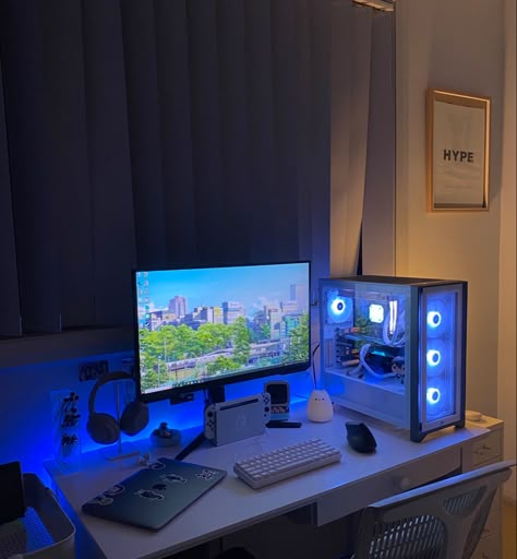 #genshinimpact #pcgaming #pcbuild #aesthetic Battlestation Ideas, Background Thumbnail, Cozy Setup, Setup Gamer, Pc Build, Otaku Room, Pc Gaming Setup, Pc Setups, Chill Room