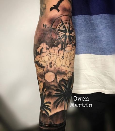 Map Coordinates Tattoo, Australia Tattoo Ideas, Nautical Tattoo Sleeve, World Map Tattoos, Tropical Tattoo, Coordinates Tattoo, Palm Tattoos, Map Tattoos, Forarm Tattoos