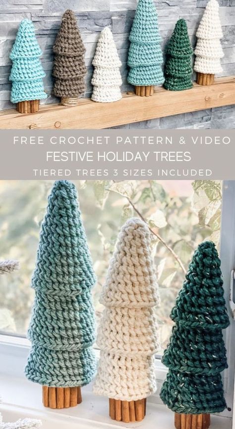 Crochet Rustic Farmhouse Tiered Trees Knitted Crafts, Crochet Wraps, Crochet Critters, Holiday Crochet Patterns, Crocheted Christmas, Crochet Tree, Holiday Trees, Crocheting Patterns, Crochet Xmas