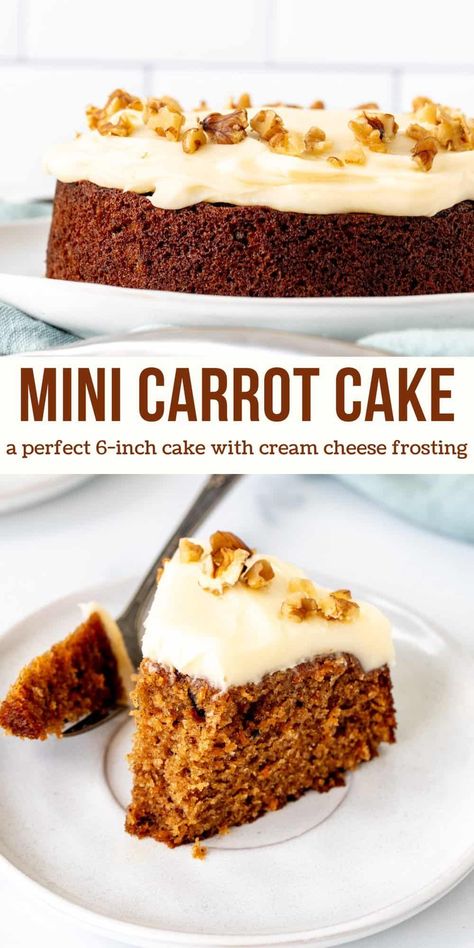 This mini carrot cake is  an easy, single layer 6-inch cake for when you don't want any leftovers. It makes enough for 4-6 people. It's incredibly moist with the perfect carrot cake flavor and topped with tangy cream cheese frosting.#carrotcake #minicake #6inchcake #recipe #cake #easterdessert #smallcake from Just So Tasty Small Carrot Cake, Easy Sheet Cakes, 6 Inch Cakes, Perfect Carrot Cake, Mini Carrot Cake, Cream Cheese Frosting Cake, Cakes Beautiful, Recipe For One, Recipes For Spring