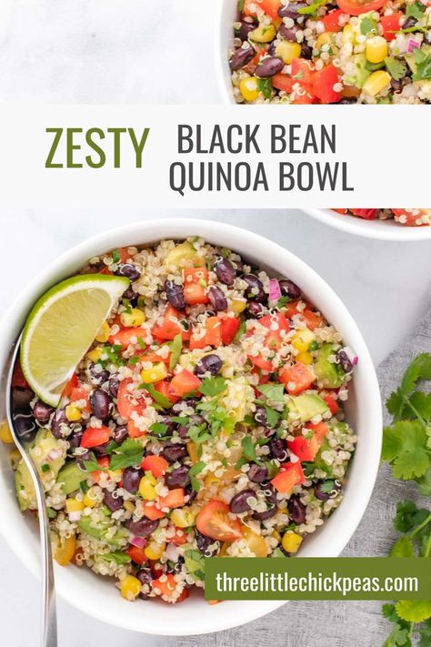 Zesty quinoa salad with black beans in a bowl with a lime wedge. Black Bean Quinoa Bowl, Vegan Quinoa Bowl, Quinoa Bowls Healthy, Zesty Quinoa Salad, Southwest Quinoa Salad, Vegan Quinoa Salad, Healthy Bowls Recipes, Black Bean Recipes, Black Bean Quinoa