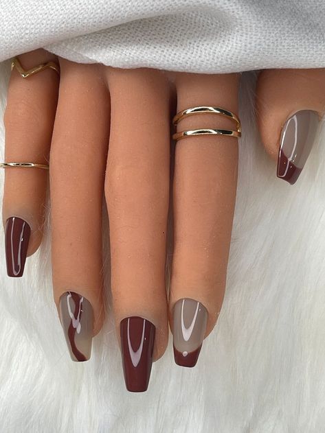 Brown And Nude Nails, Maroon Acrylic Nails, Maroon Nail Designs, Maroon Nails, Burgundy Nails, Trendy Nail Art, Fall Nail Art, Nail Designs Spring, Makati