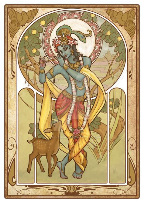 Krsna Nouveau by Nila-Vanwolf on DeviantArt Krishna Drawing, Blue Skin, Art Beat, Lord Rama, Psy Art, Pichwai Paintings, Baby Krishna, Hinduism Art, Vedic Art