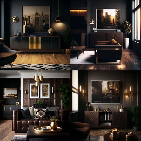 Brown and gold themed modern living room imagined by AI Black Cream Gold Wood Living Room, Brown Black And Gold Living Room, Black Brown Gold Living Room, Black Brown Grey Living Room, Gold And Brown Living Room, Brown And Gold Living Room Decor, Brown Contrast Color Schemes, Gray And Brown Living Room Ideas, Brown And Black Living Room