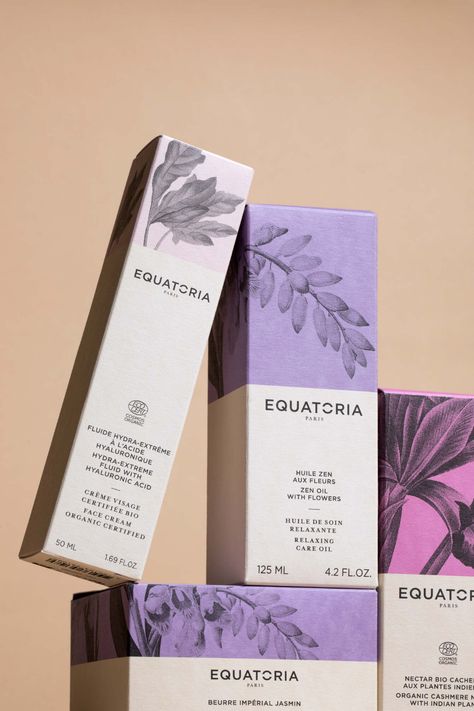 EQUATORIA Repositionnement de marque - Agence Simone / Stratégie & Image de marque Perfume Packaging Design Boxes, Flower Box Design, Skin Care Products Packaging, Cosmetic Package Design, Perfume Packaging Design, Plastic Bottle Design, Floral Packaging, Cosmetics Design, Makeup Packaging